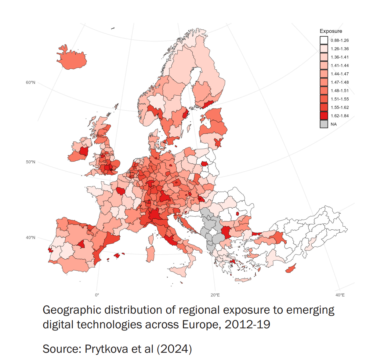 Geographic distribution of regional exposure to emerging digital technologies across Europe